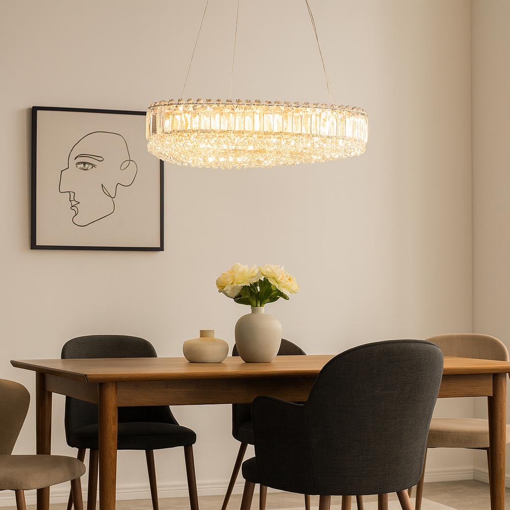 Candelabru LED dreptunghiular crom 650×400 mm, deasupra mesei din dining, iluminare LED uniforma 96W, finisaj crom elegant