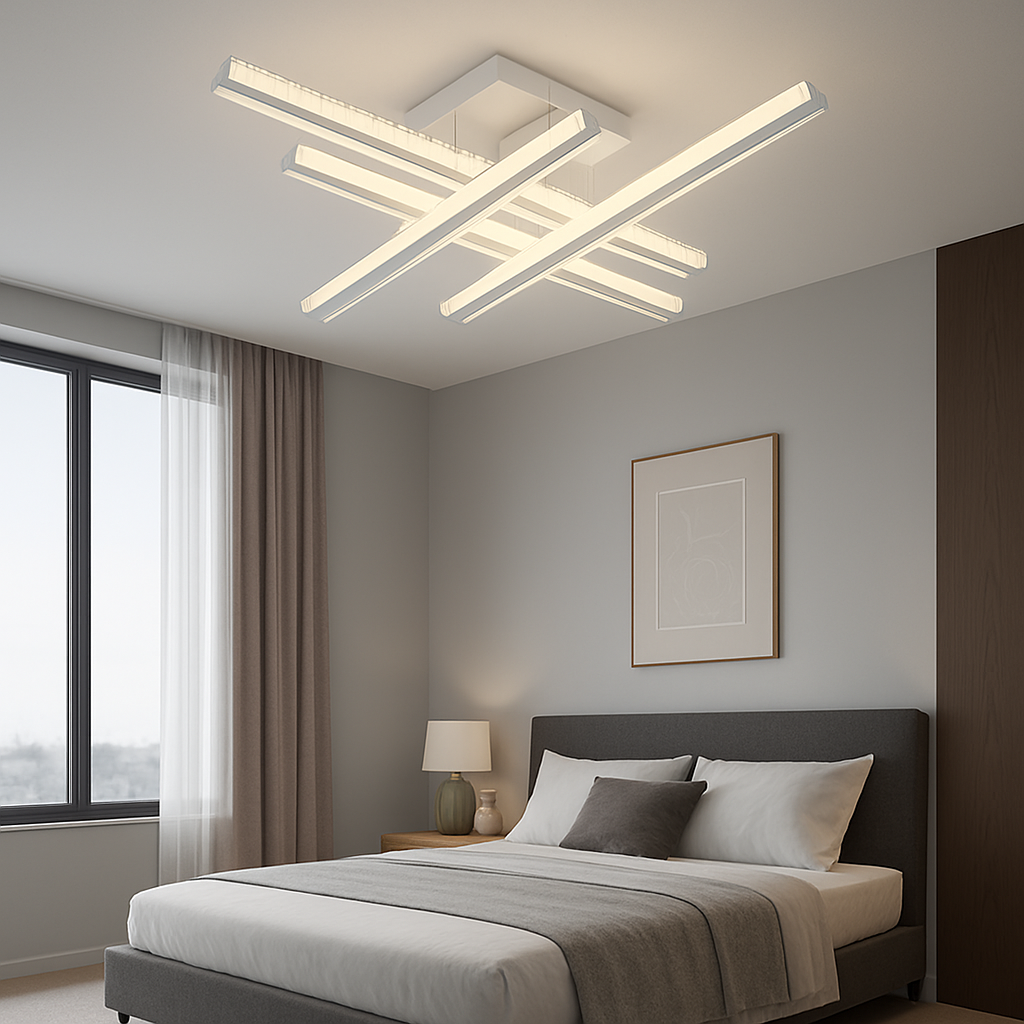 Plafoniera LED patrata 136W cu lumina ajustabila 3000K-6500K si telecomanda, ideala pentru dormitoare moderne cu iluminare confortabila si uniforma