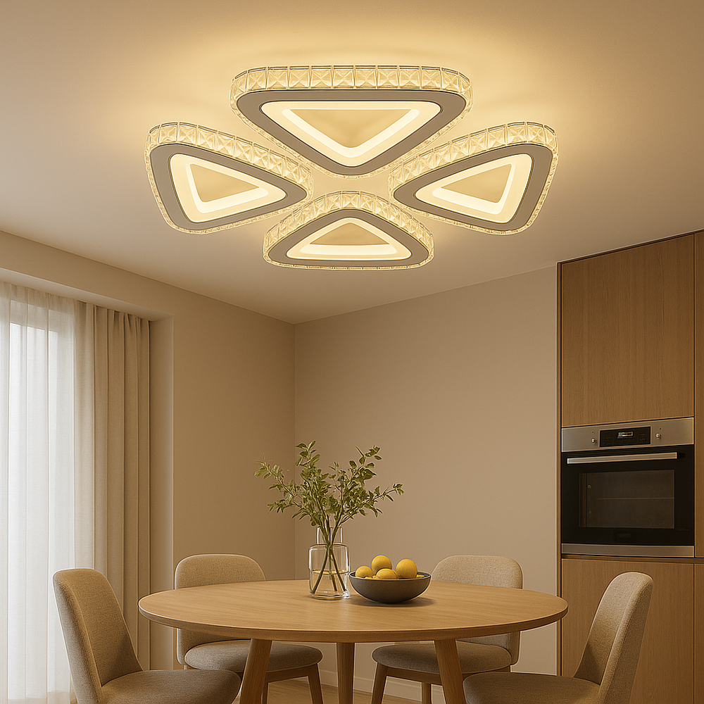 Lustra LED rotunda 104W cu lumina reglabila 3000K-6500K si telecomanda, perfecta pentru un dining modern cu iluminare eleganta si atmosfera versatila