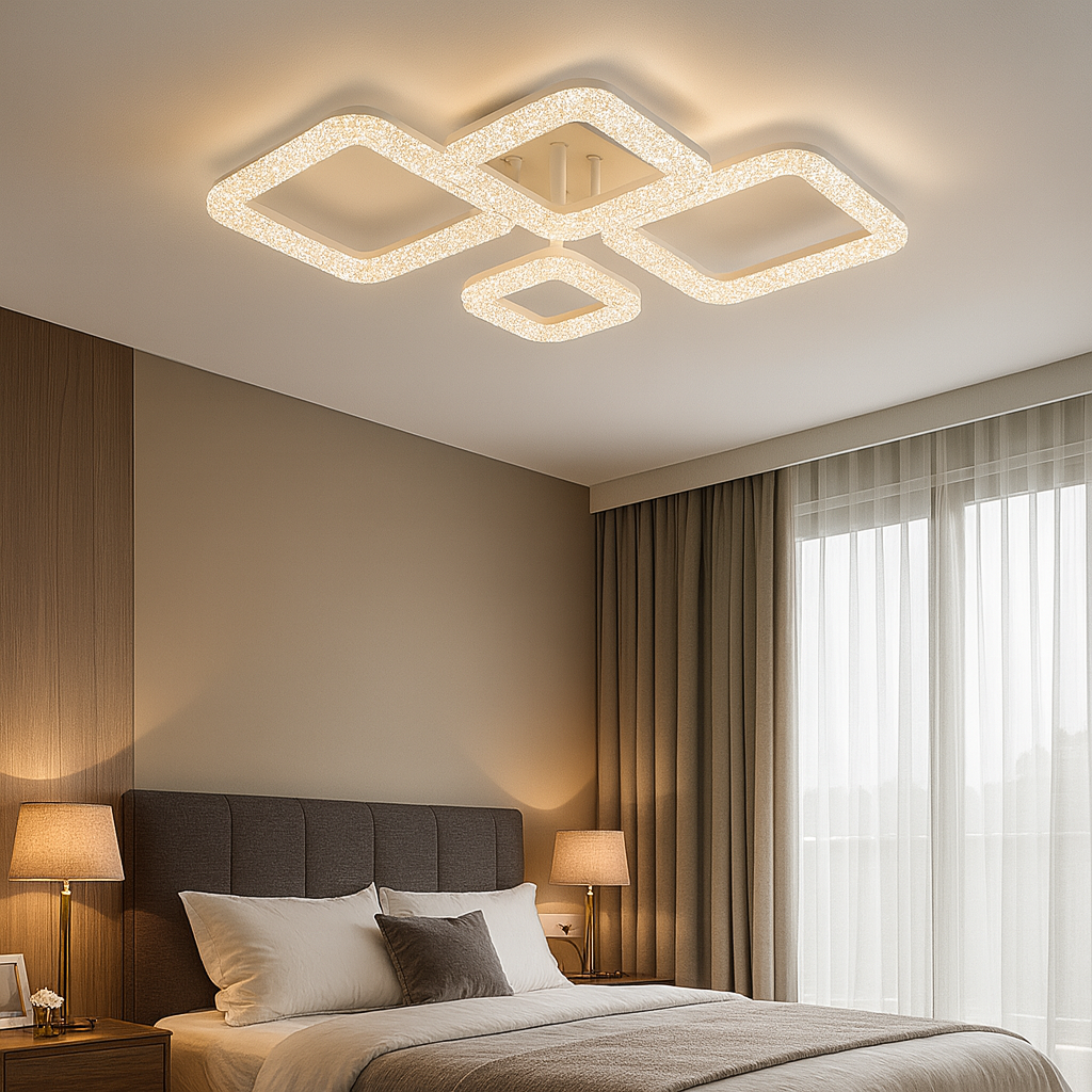 Lustra LED geometrica 120W cu cristale decorative si lumina ajustabila 3000K-6500K, ideala pentru dormitoare moderne cu iluminare confortabila si uniforma