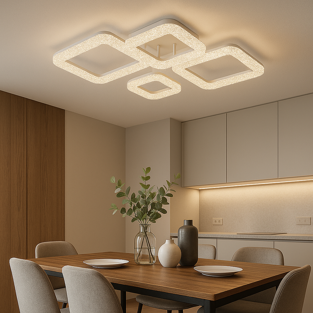 Lustra LED geometrica 120W cu cristale decorative si lumina ajustabila 3000K-6500K, ideala pentru dormitoare moderne cu iluminare confortabila si uniforma