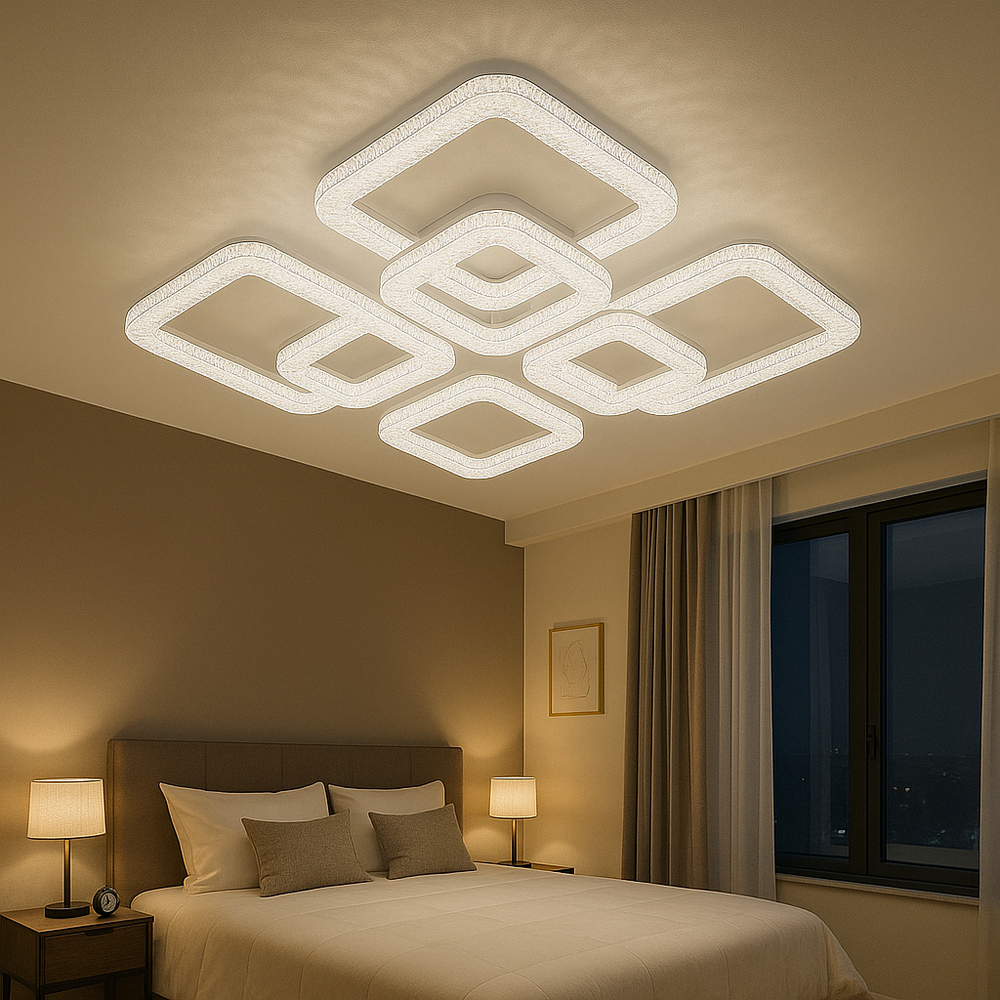 Lustra LED geometrica 192W cu elemente transparente si lumina ajustabila 3000K-6500K, ideala pentru dormitoare moderne cu iluminare confortabila