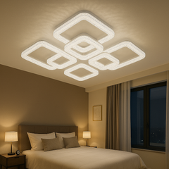 Lustra LED geometrica 192W cu elemente transparente si lumina ajustabila 3000K-6500K, ideala pentru dormitoare moderne cu iluminare confortabila