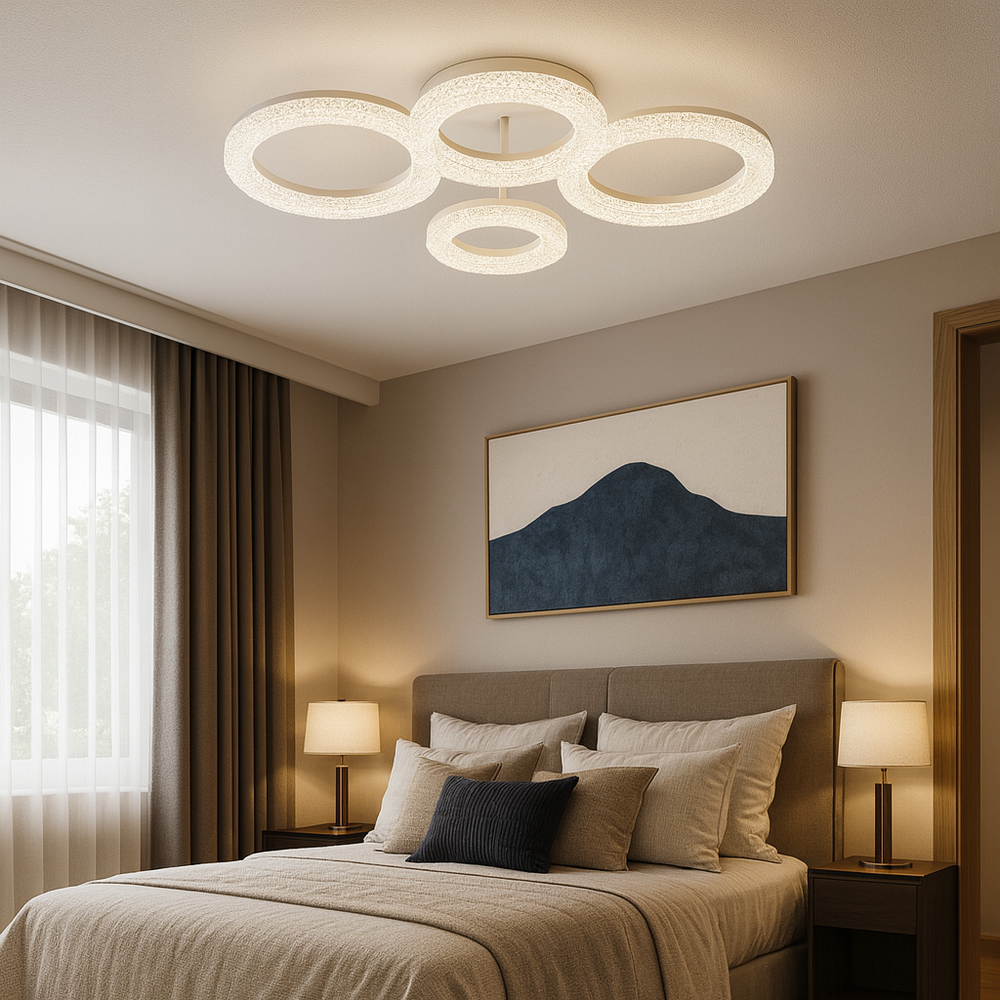 Lustra LED geometrica 104W cu lumina ajustabila 3000K-6500K si telecomanda, ideala pentru dormitoare moderne cu iluminare confortabila si uniforma