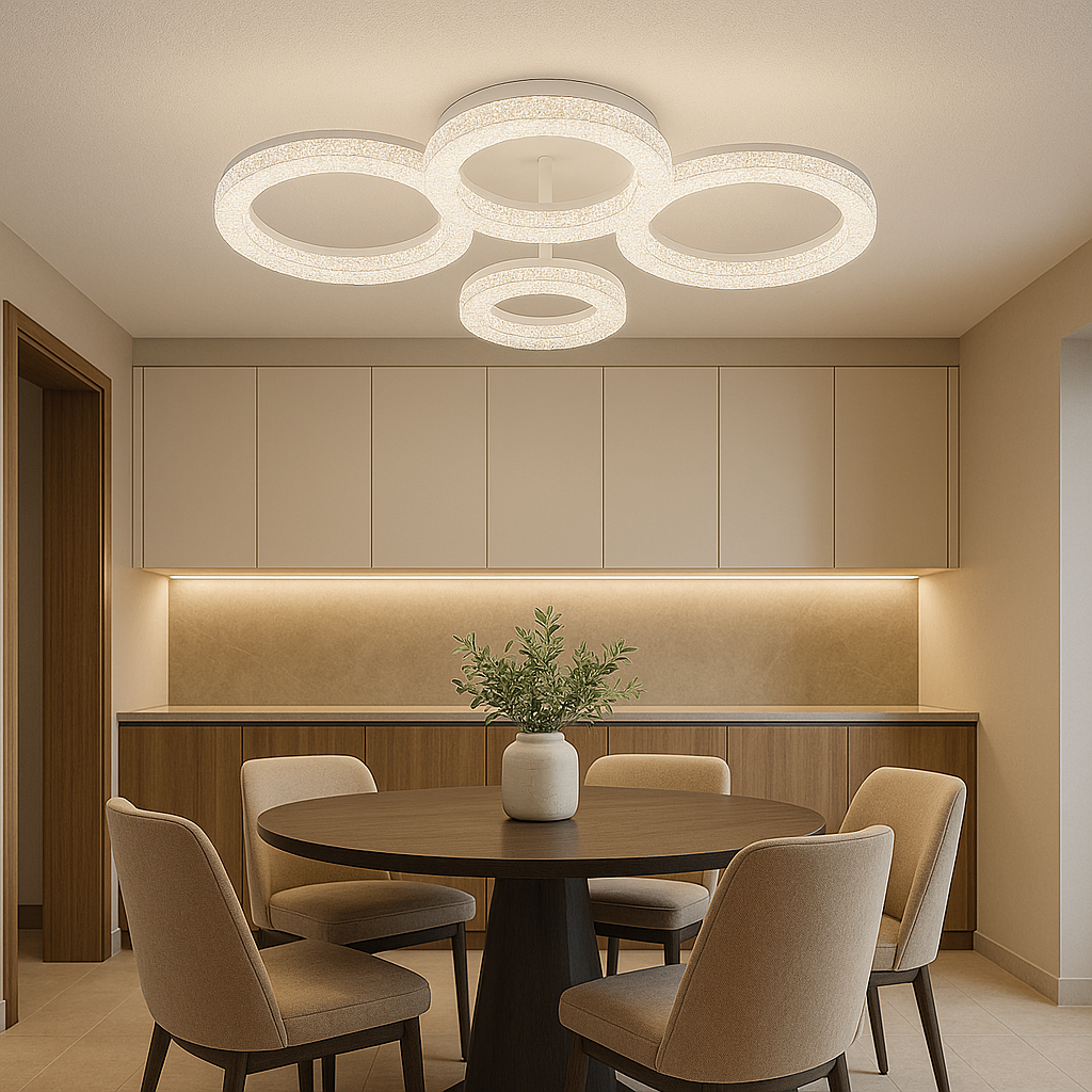 Lustra LED geometrica 104W cu accente transparente si lumina reglabila 3000K-6500K, perfecta pentru dining modern cu iluminare eleganta si atmosfera versatila