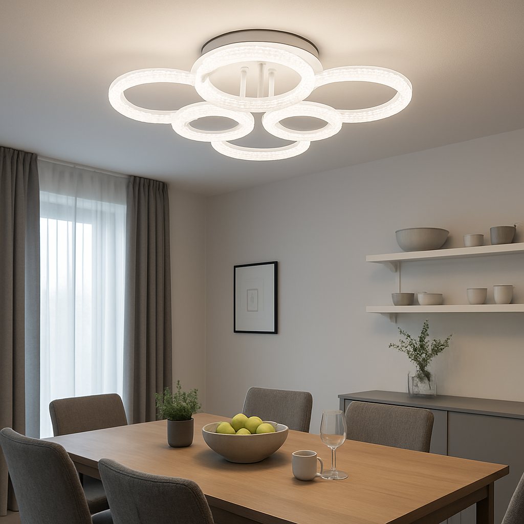 Lustra LED geometrica 168W cu accente transparente si lumina reglabila 3000K-6500K, perfecta pentru dining modern cu iluminare eleganta si atmosfera versatila