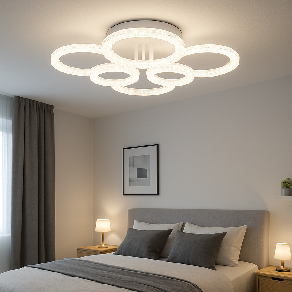 Lustra LED geometrica 168W cu lumina ajustabila 3000K-6500K si telecomanda, ideala pentru dormitoare moderne cu iluminare confortabila si uniforma