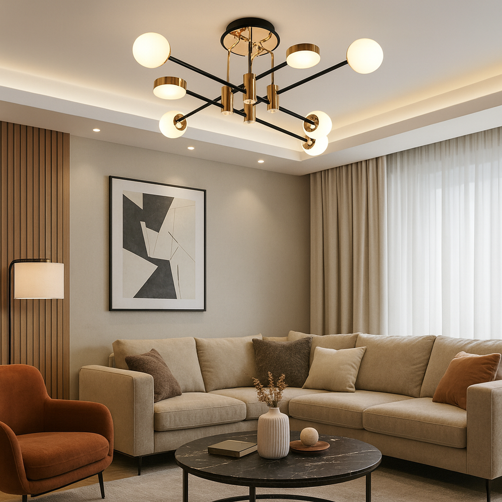 Lustra LED simetrica cu brate multiple aurii si globuri opal, montata in living modern, cu iluminare reglabila prin telecomanda.