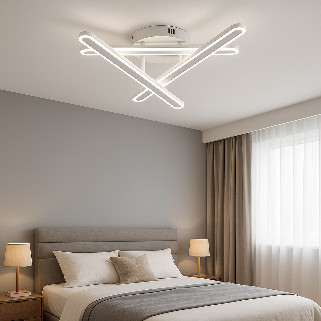 Lustra LED alb cromat L73030/3WH+CR cu forma ondulata, montata in dormitor modern, lumina reglabila si telecomanda inclusa.