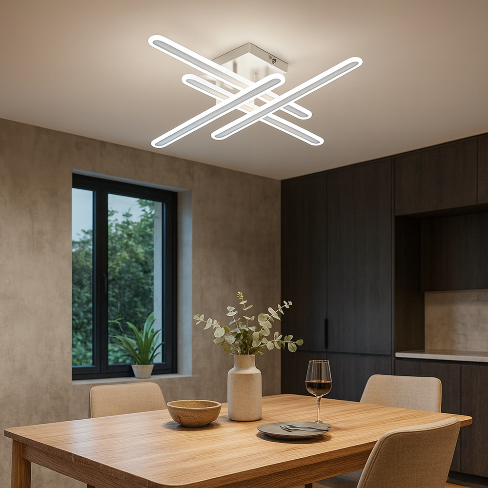 Lustra LED 73030/4 alb mat, forma moderna si lumina reglabila cu telecomanda, amplasata deasupra unei zone de dining luminoase.
