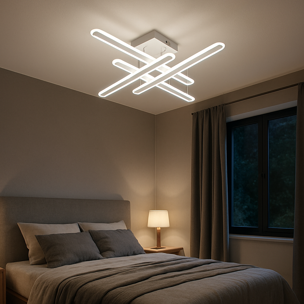 Lustra LED moderna 73030/4 alb mat, cu telecomanda si lumina 3000–6500K, montata intr-un dormitor cozy si bine iluminat.
