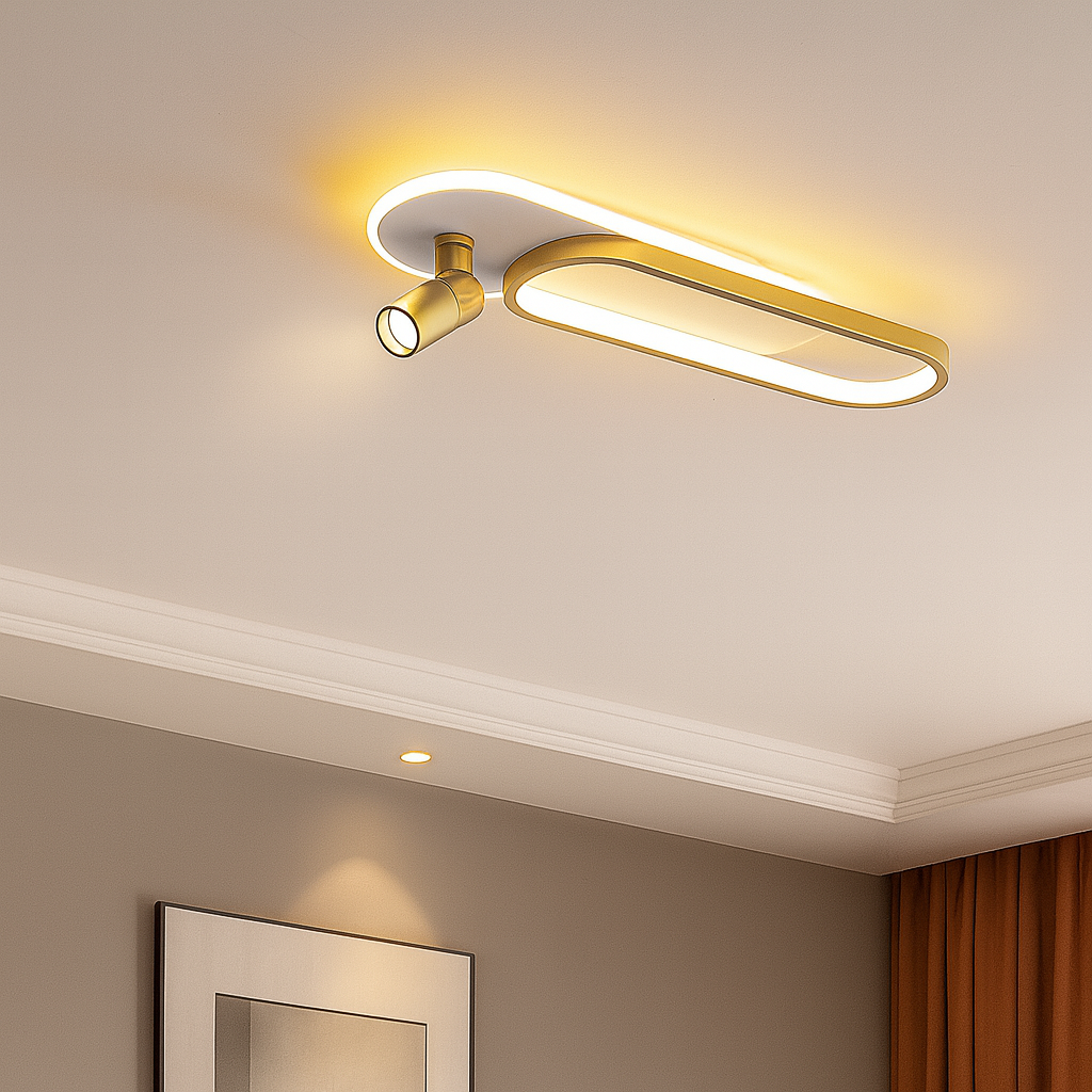 Aplica LED LUBAN Duo Vision 600mm alb-auriu, design modular cu telecomanda si spot directionat, montata in dormitor modern