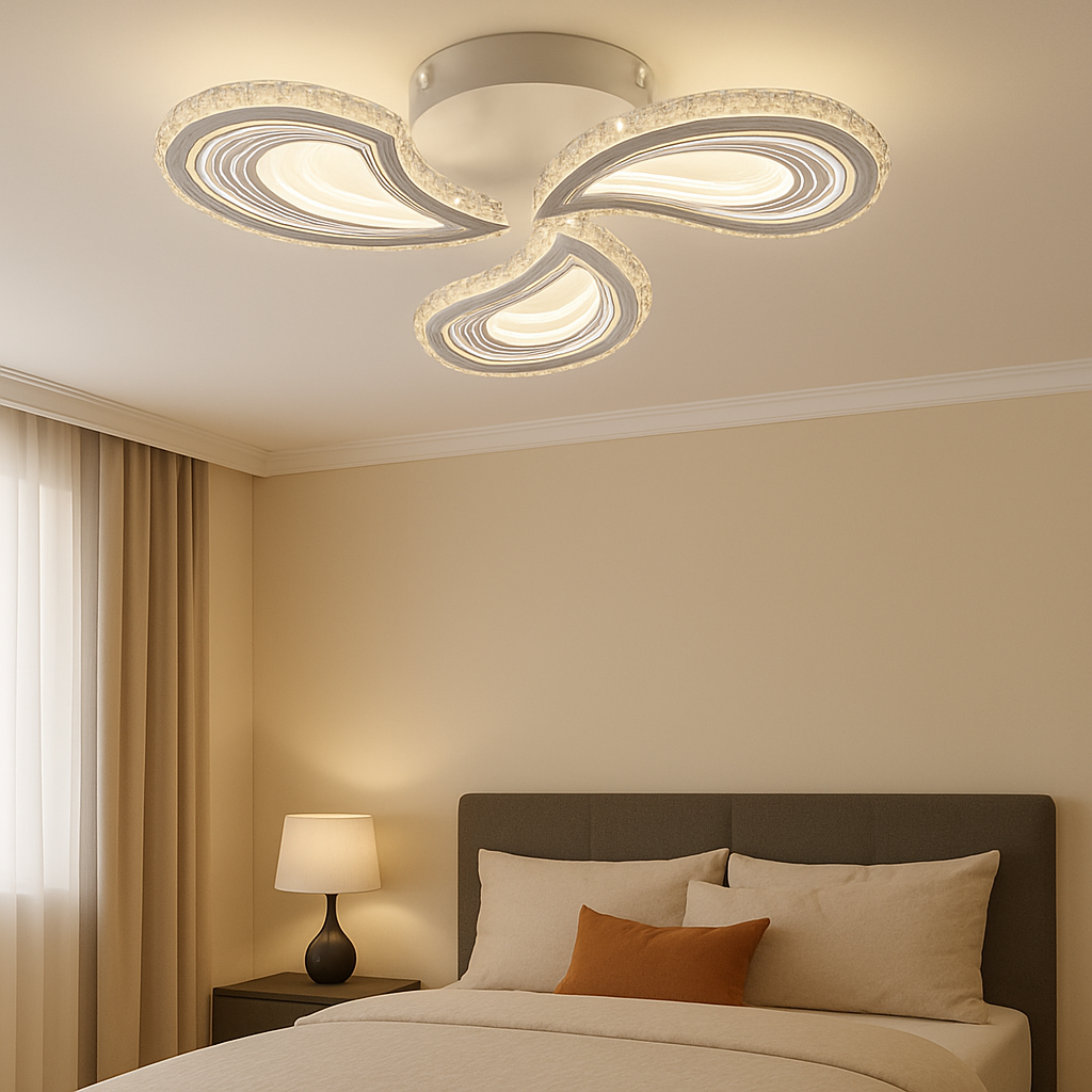 Lustra LED moderna 90W cu 3 brate si lumina ajustabila 3000K-6500K, ideala pentru dormitoare moderne cu iluminare confortabila si placuta