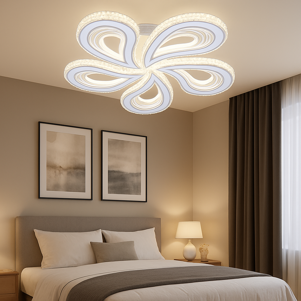 Lustra LED moderna 150W cu 5 brate si lumina ajustabila 3000K-6500K, ideala pentru dormitoare moderne cu iluminare confortabila si uniforma