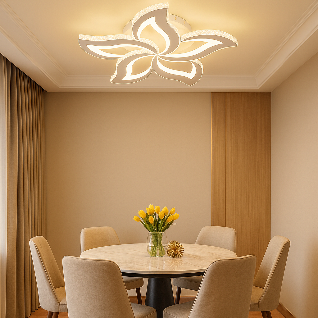 Lustra LED florala 120W cu 5 petale si lumina reglabila 3500K-6500K plus efect RGB, perfecta pentru dining modern cu iluminare eleganta si ambient personalizat