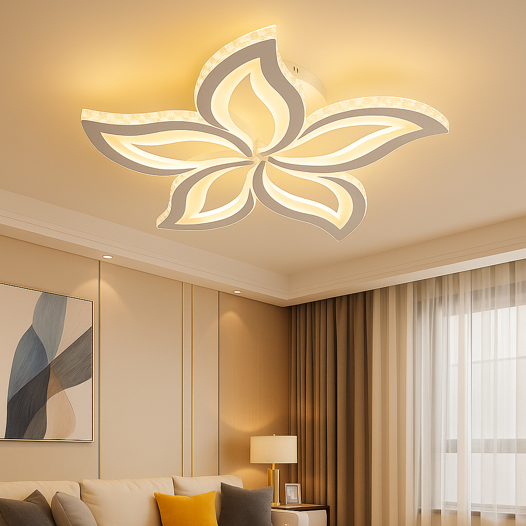 Lustra LED florala 120W cu 5 petale si efect RGB 50 perle, lumina reglabila 3500K-6500K cu telecomanda, montata in living modern pentru iluminare eleganta si decorativa
