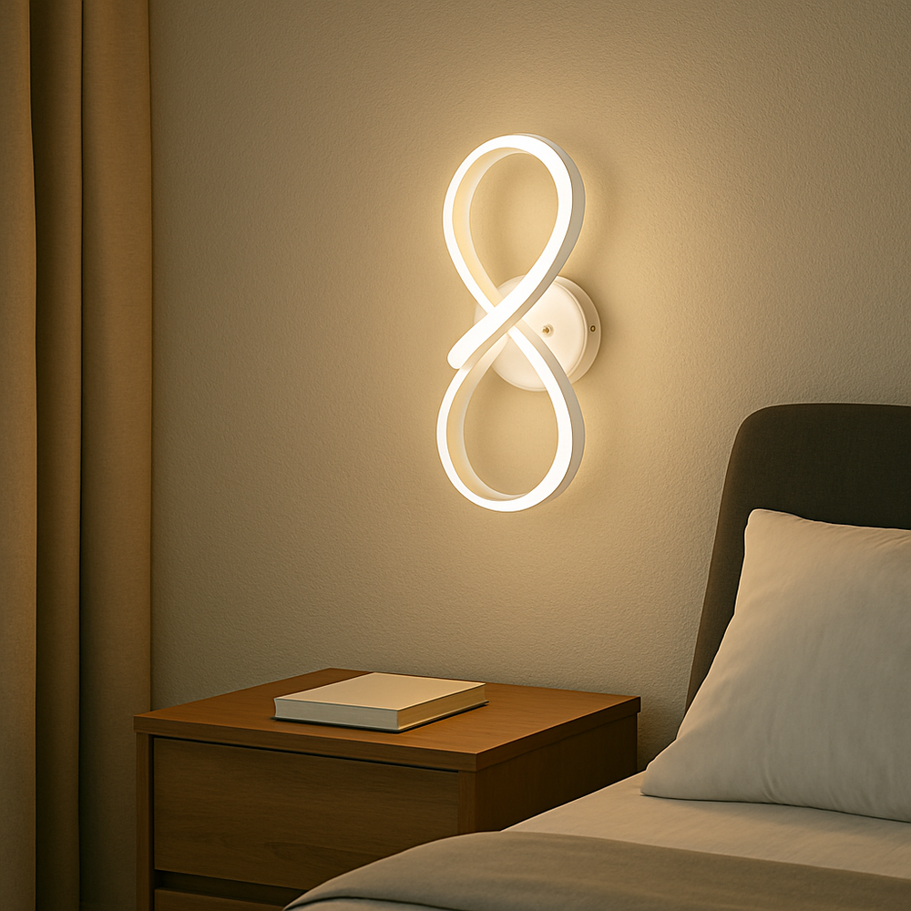 Aplica LED LUBAN Infinity 40W, design infinity simbolic, montata in dormitor modern pentru lumina ambientala rafinata