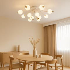 Lustra LED rotunda alb auriu Ø796, 192W, lumina reglabila cu telecomanda, scena dining modern si rafinat.