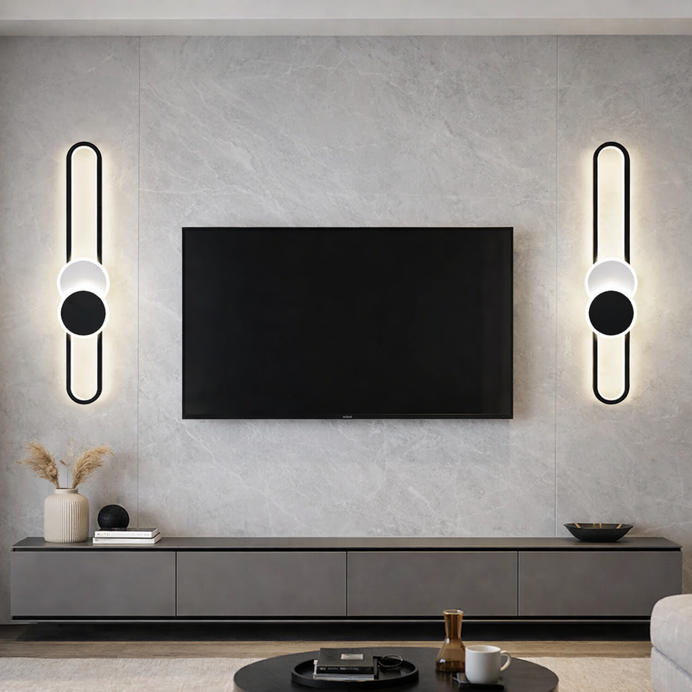 Aplica LED LUBAN Geometric verticala alb-negru, design ovala cu cercuri suprapuse, iluminare decorativa pentru living modern