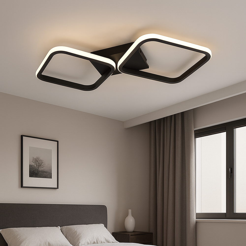 Lustra LED 77206/2 MB, design minimalist metalic si lumina reglabila 3000–6500K, instalata intr-un dormitor modern confortabil.
