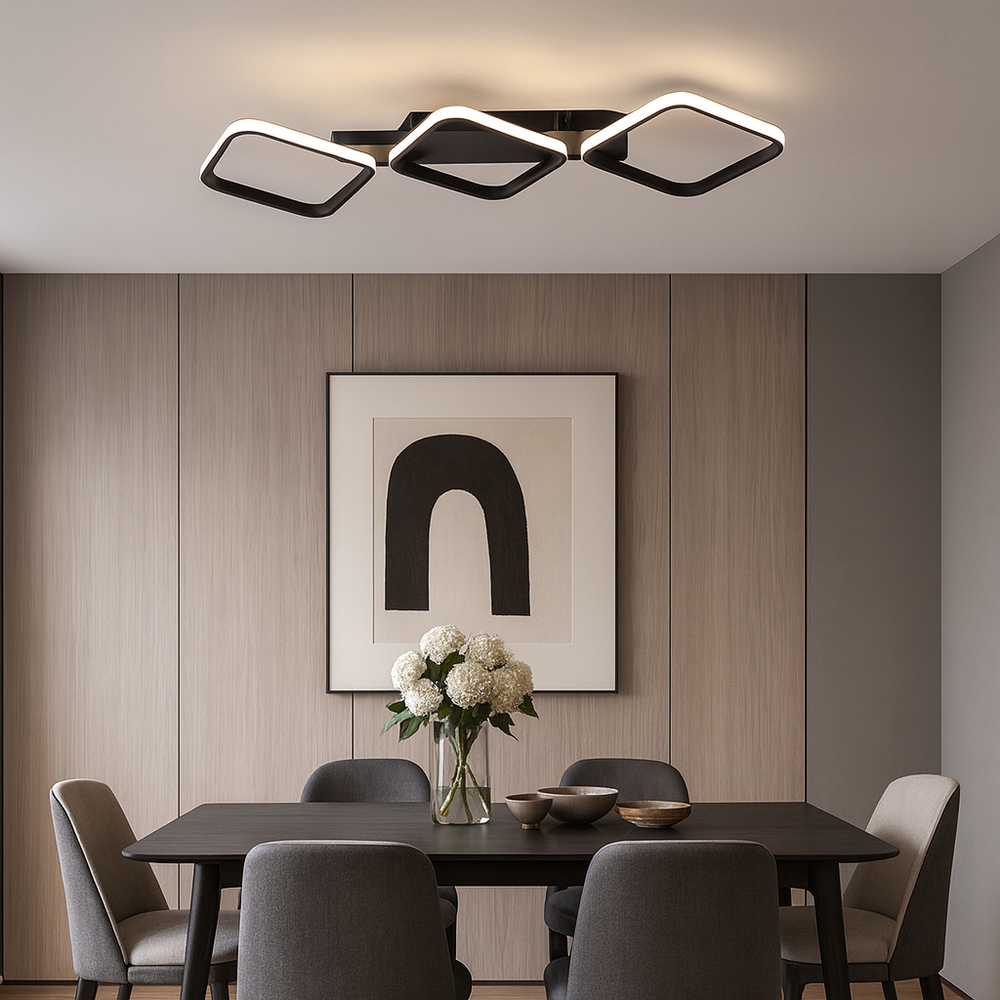 Lustra LED 77206/3 MB cu forma liniara metalica si lumina reglabila, amplasata in zona de dining moderna pentru iluminare eficienta.
