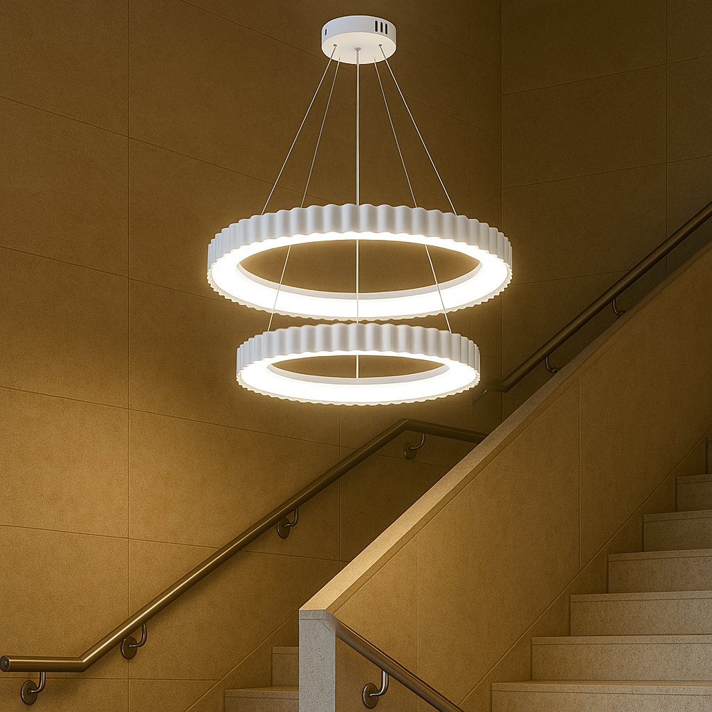 Lustra LED doua cercuri alba suspendata pe casa scarii, 600mm, lumina ambientala moderna