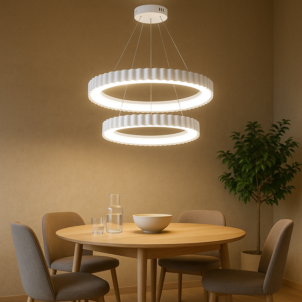 Lustra LED doua cercuri alba suspendata deasupra mesei de dining, 600mm, iluminare uniforma moderna