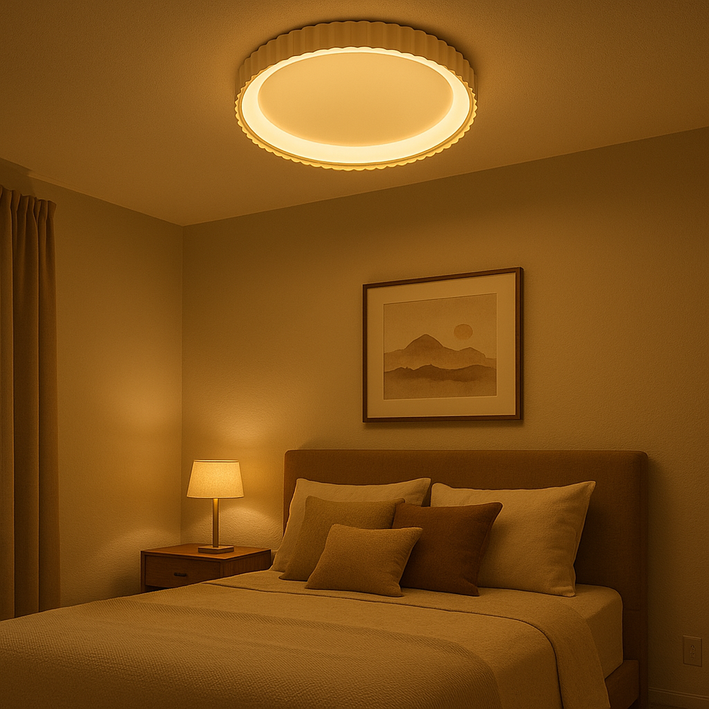 Plafoniera LED rotunda alba mata L77259/500A1 WH Ø500mm cu design ondulat si lumina reglabila 3000–6500K, perfecta pentru dormitor elegant.