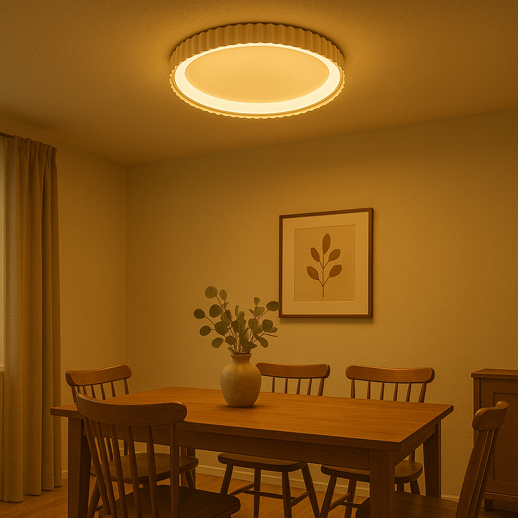 Plafoniera LED alba rotunda Ø500mm L77259/500A1 WH cu margini ondulate si lumina reglabila 3000–6500K, ideala pentru zona de dining moderna.