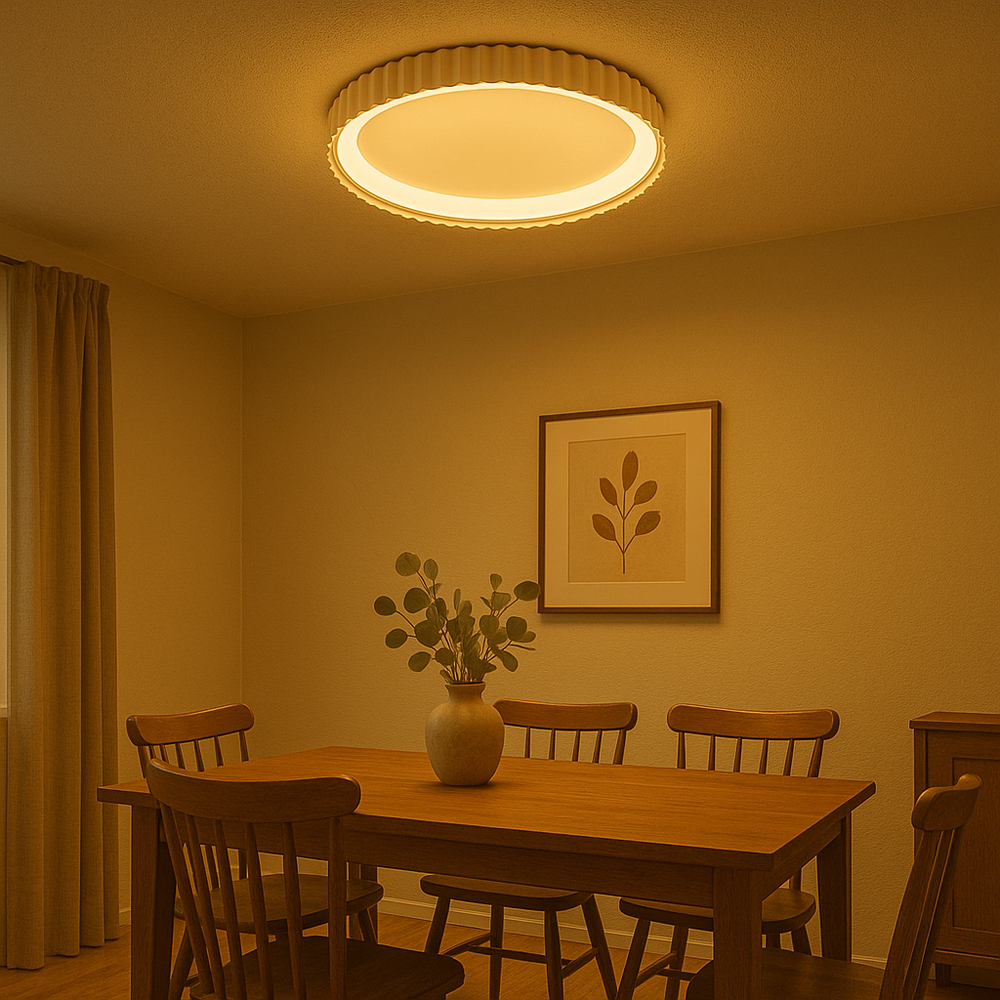 Plafoniera LED alba rotunda Ø500mm L77259/500A1 WH cu margini ondulate si lumina reglabila 3000–6500K, ideala pentru zona de dining moderna.