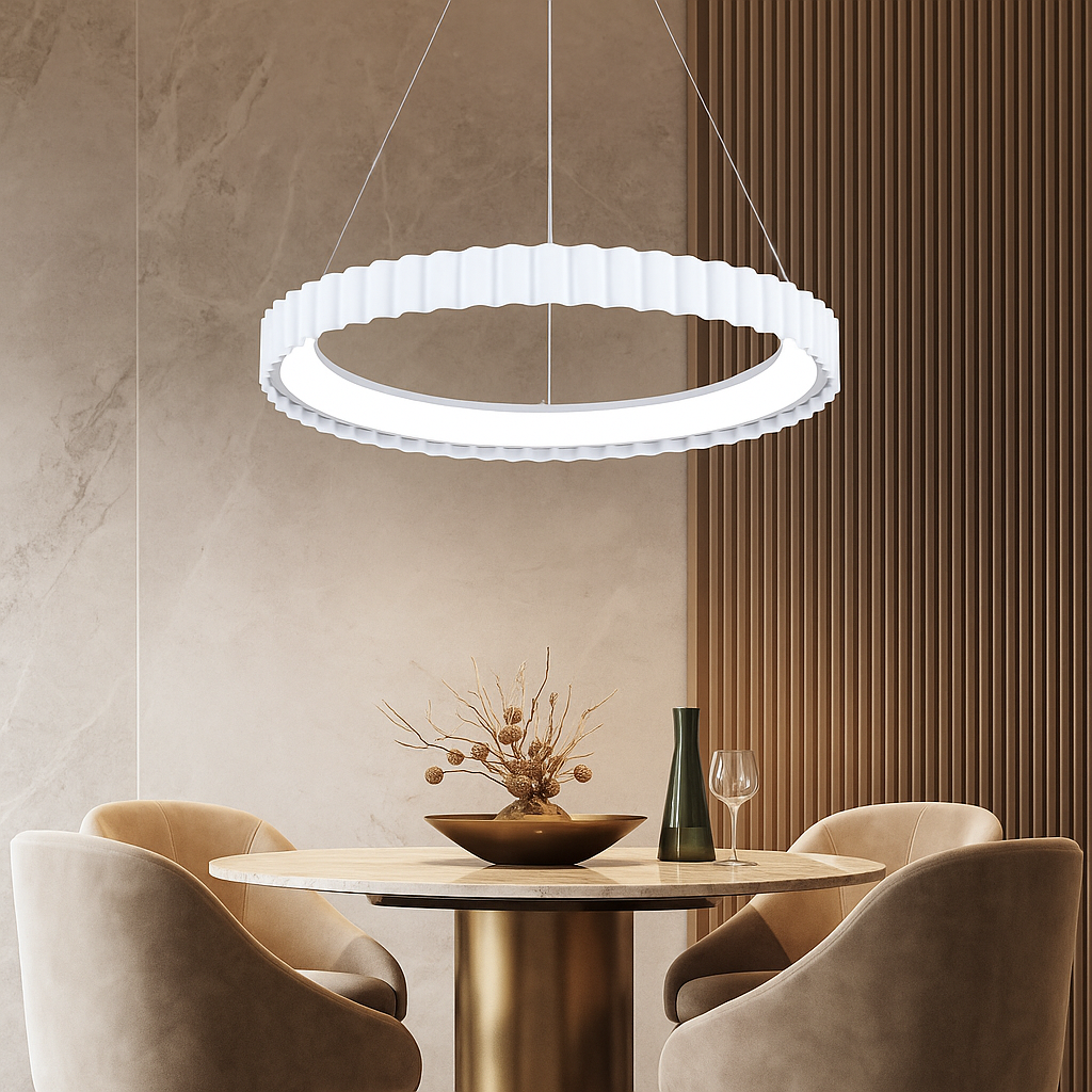 Lustra LED rotunda alba 500mm deasupra mesei de dining, 62W, iluminare uniforma moderna