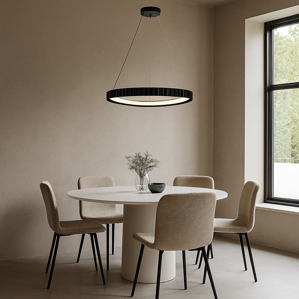 Pendul LED L77260/530 MB negru mat cu inel ondulat si telecomanda, lumina ajustabila perfecta pentru dining contemporan si atmosfera rafinata.