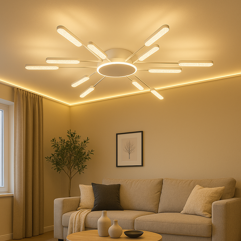 Lustra LED alba crom 66x2W cu telecomanda, design raze luminoase, iluminare ajustabila 3000–6500K pentru living modern