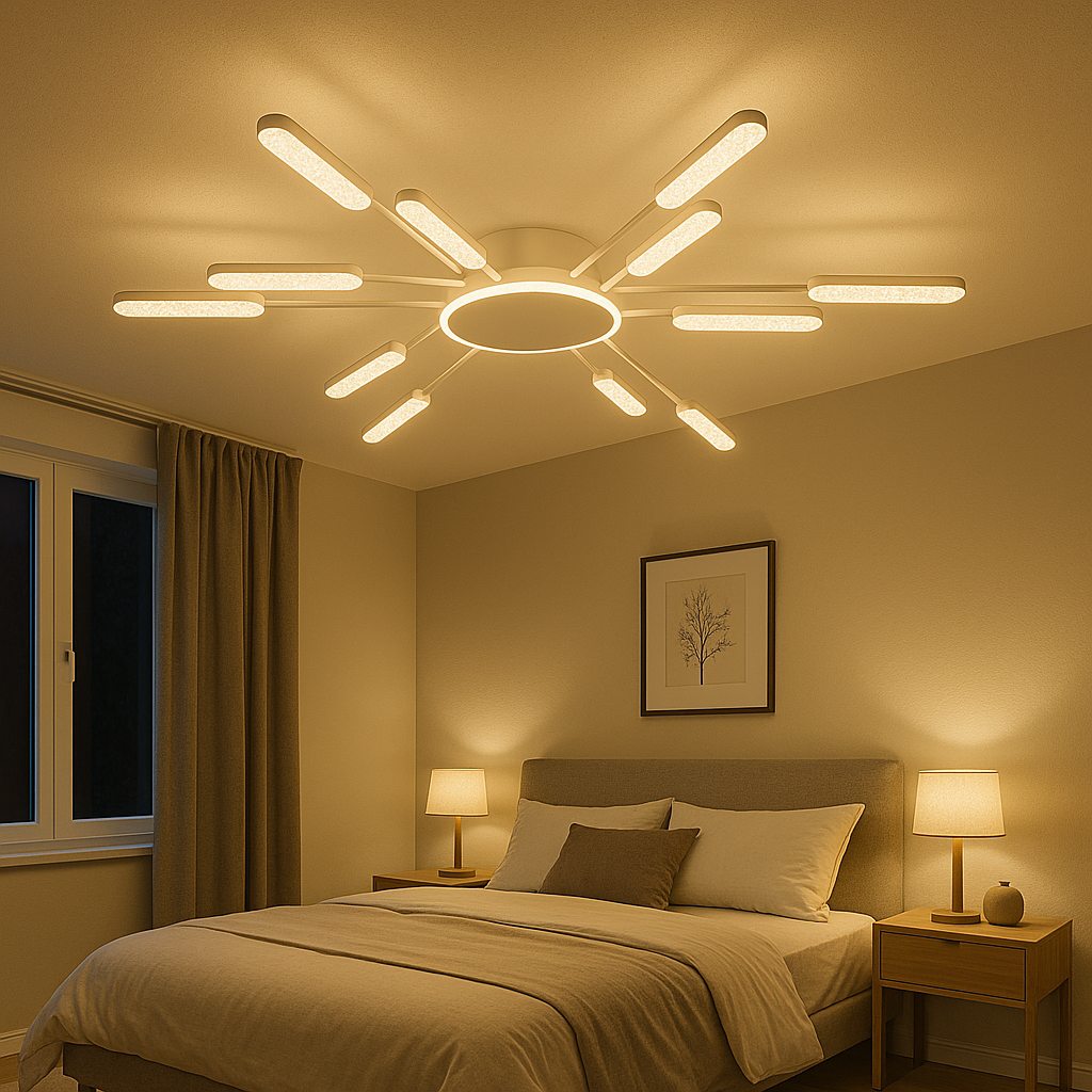 Lustra LED alba crom 66x2W cu telecomanda, lumina ajustabila calda rece, iluminare moderna pentru dormitor elegant