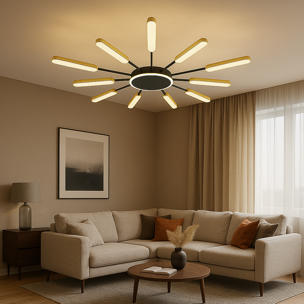 Lustra LED rotunda negru auriu 86cm cu telecomanda in living modern, lumina reglabila 3000–6500K, design elegant.