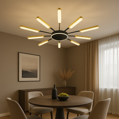 Lustra LED rotunda negru auriu 86cm cu telecomanda deasupra mesei de dining dreptunghiulare, lumina reglabila.