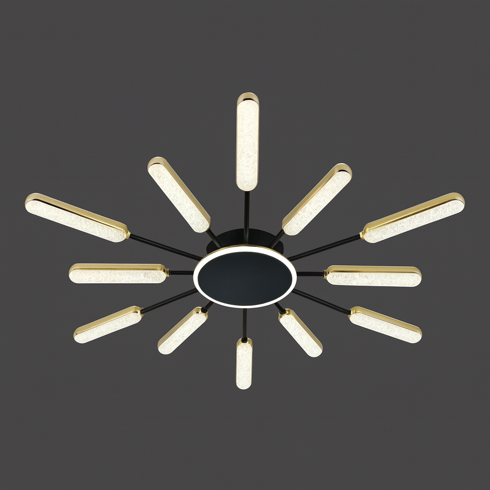 Lustra LED rotunda negru auriu 86cm cu telecomanda in living modern, lumina reglabila 3000–6500K, design elegant.