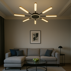 Lustra LED raze luminoase negru JIN 65x2W cu telecomanda, lumina ajustabila 3000–6500K pentru living modern