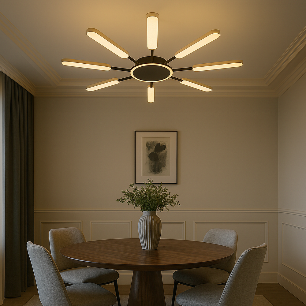 Lustra LED raze luminoase negru JIN 65x2W cu telecomanda, lumina reglabila 3000–6500K peste masa dining