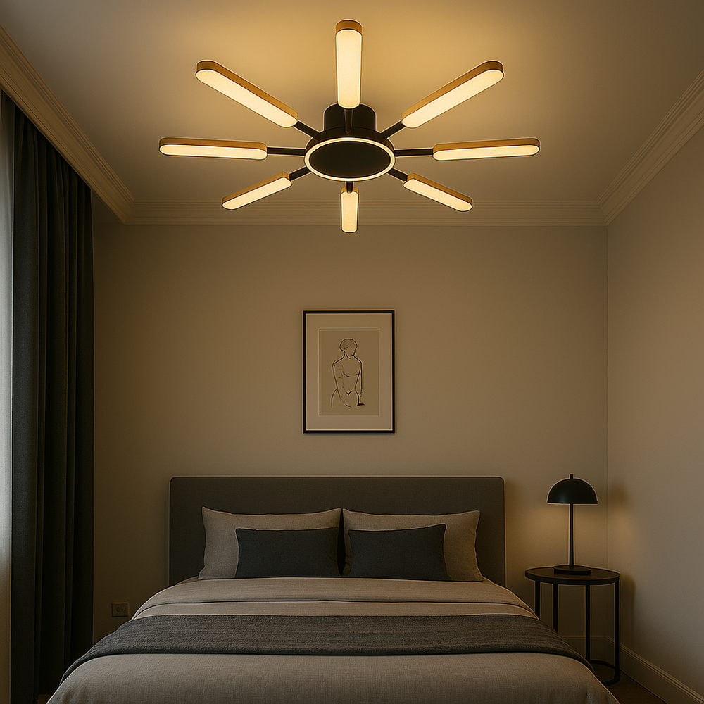 Lustra LED raze luminoase negru JIN 65x2W cu telecomanda, lumina ajustabila calda rece pentru dormitor elegant