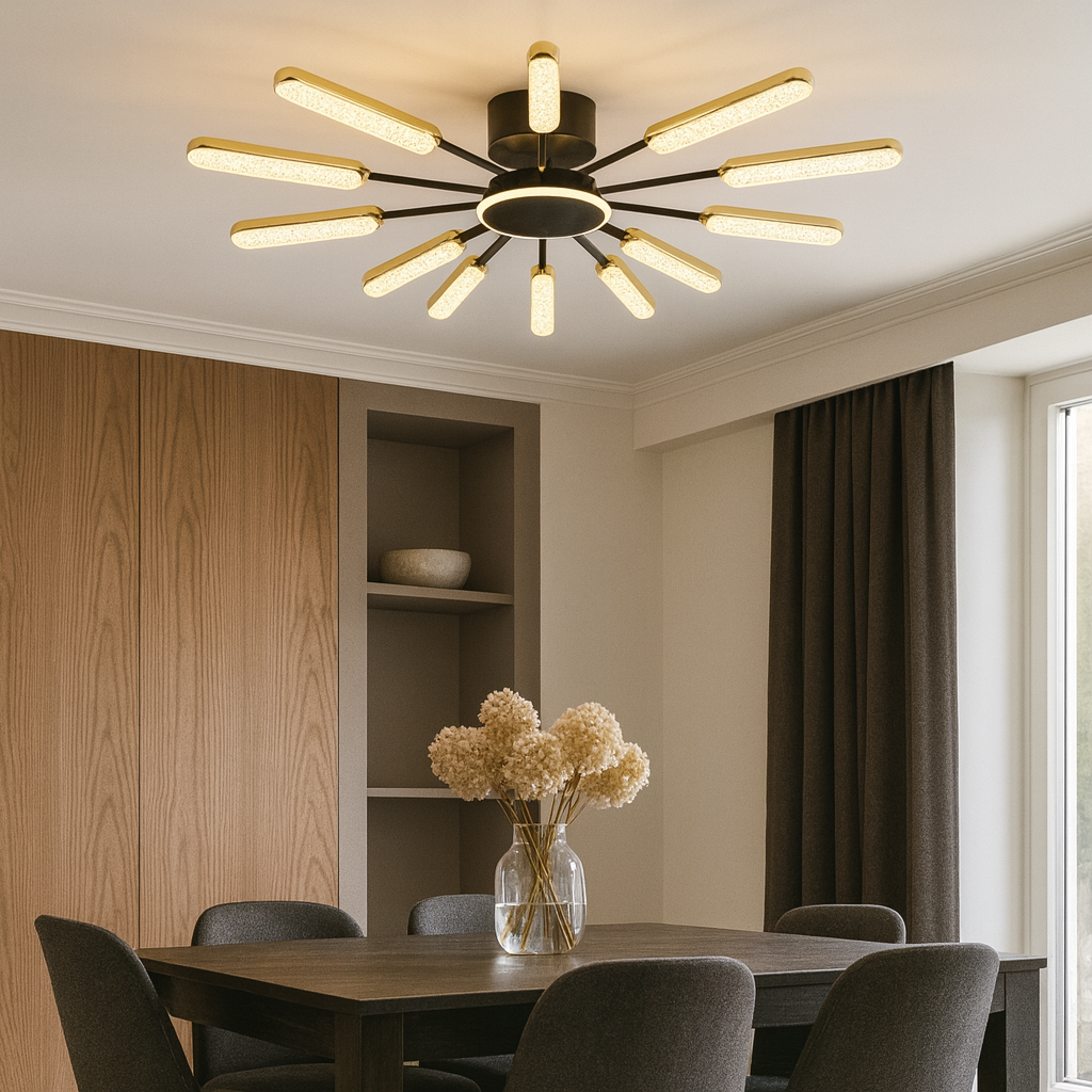 Lustra LED rotunda negru auriu 86cm cu telecomanda deasupra mesei de dining dreptunghiulare, lumina reglabila.