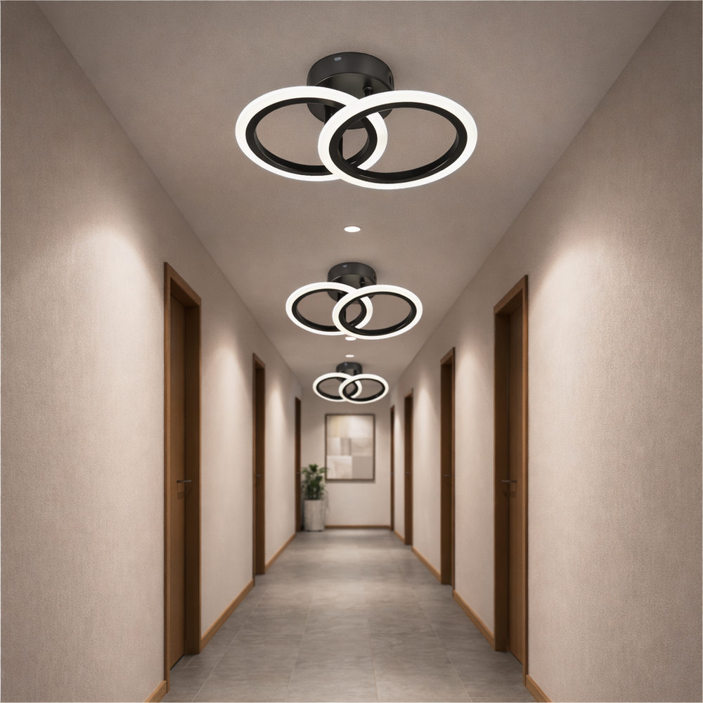 Lustra LED neagra doua cercuri 36W cu telecomanda, montata pe tavan in hol modern cu design minimalist si lumina ajustabila 3000-6500K