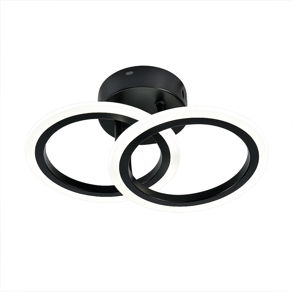 Lustra LED neagra doua cercuri 36W cu telecomanda, montata pe tavan in hol modern cu design minimalist si lumina ajustabila 3000-6500K