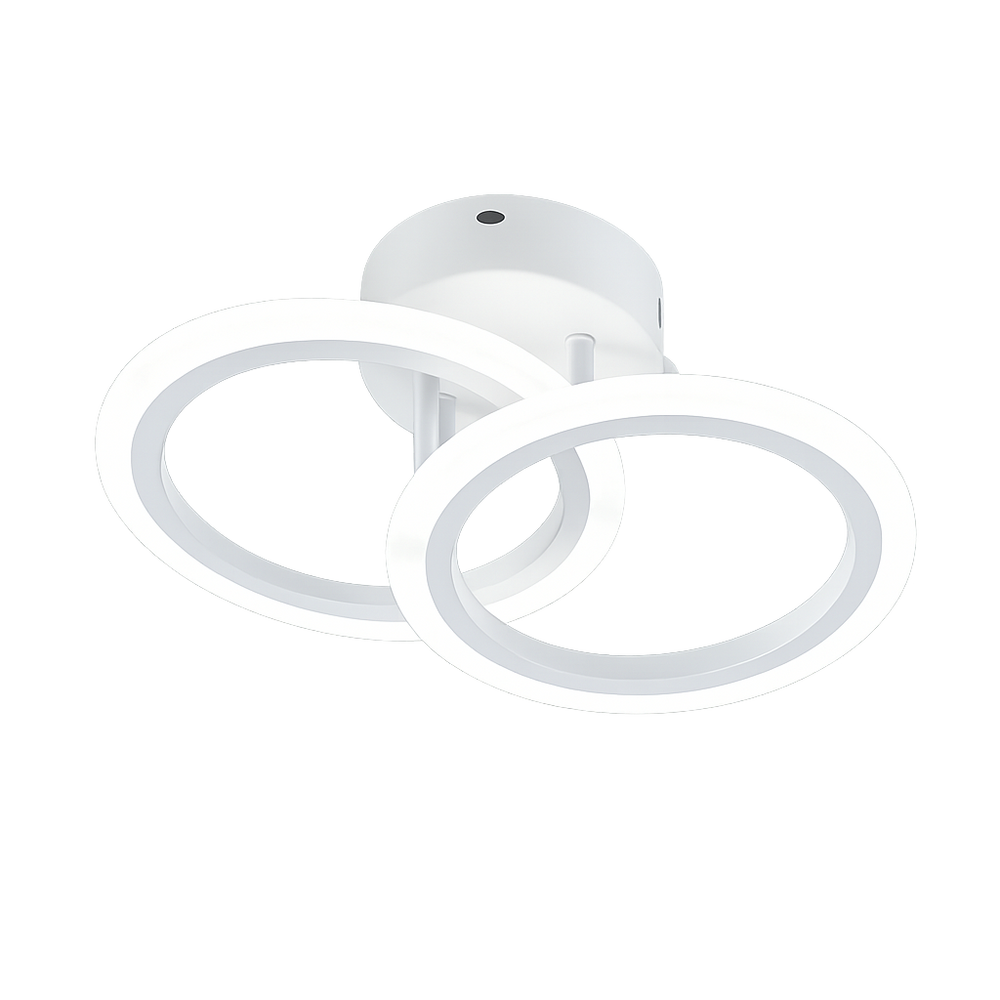 Lustra LED alba dublu rotund 36W cu telecomanda, montata in hol modern, lumina ajustabila 3000-6500K pentru iluminare eleganta si eficienta