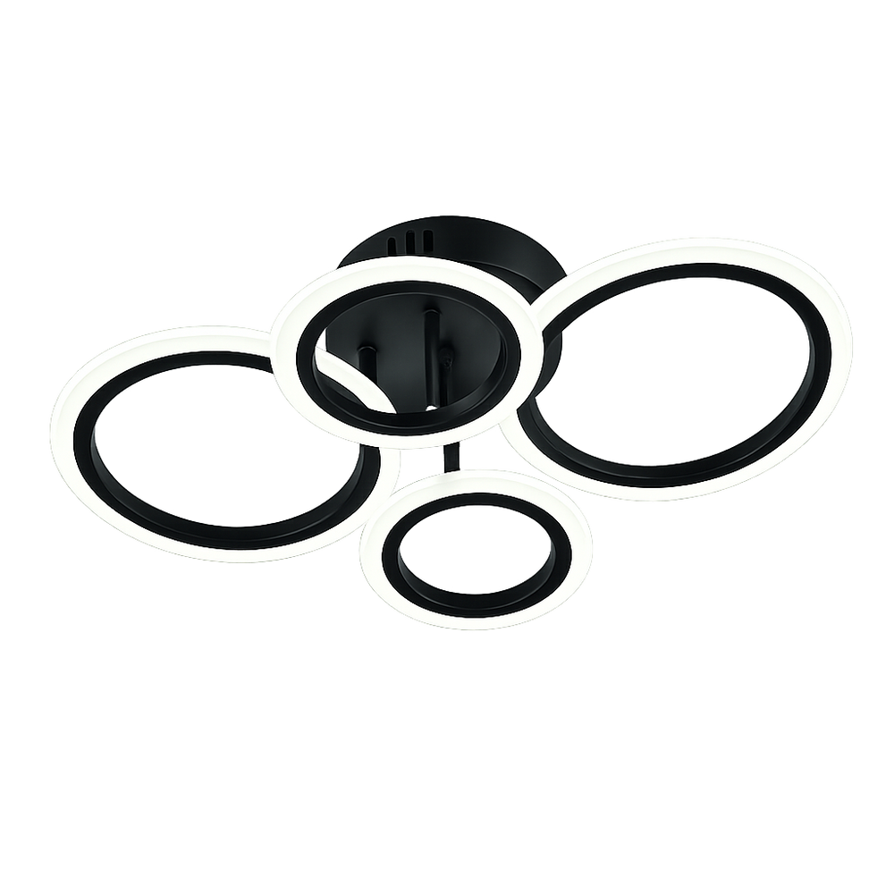 Lustra LED neagra patru cercuri 60W cu telecomanda, montata in dormitor modern, lumina ajustabila 3000-6500K pentru ambient confortabil