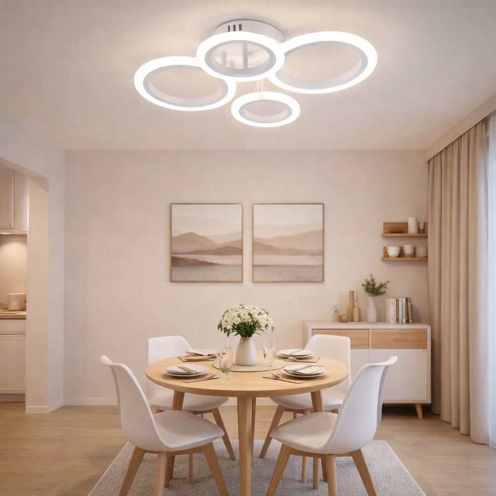 Lustra LED alba patru cercuri 60W cu telecomanda, montata in bucatarie moderna, lumina ajustabila 3000-6500K pentru iluminare puternica si eficienta