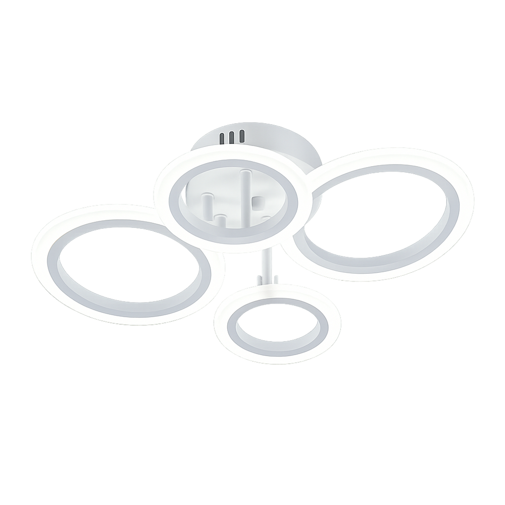 Lustra LED alba patru cercuri 60W cu telecomanda, montata in dormitor modern, lumina ajustabila 3000-6500K pentru ambient relaxant