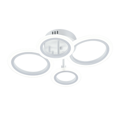 Lustra LED alba patru cercuri 60W cu telecomanda, montata in dormitor modern, lumina ajustabila 3000-6500K pentru ambient relaxant