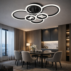 Lustra LED neagra sase cercuri 112W cu telecomanda, montata in bucatarie moderna, lumina ajustabila 3000-6500K pentru iluminare puternica si uniforma