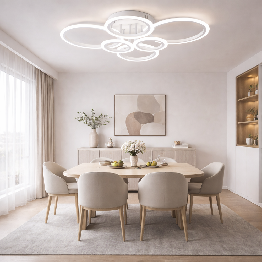 Lustra LED alba sase cercuri 112W cu telecomanda, montata in bucatarie moderna, lumina ajustabila 3000-6500K pentru iluminare puternica si eficienta